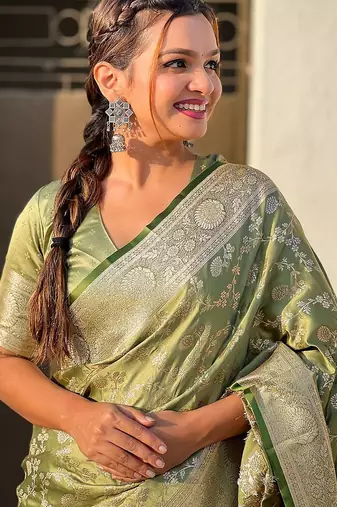 Green woven design zari satin banarasi saree