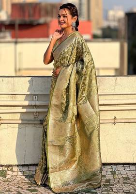 Green woven design zari satin banarasi saree 3