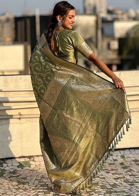 Green woven design zari satin banarasi saree 4