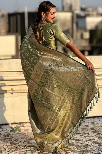 Green woven design zari satin banarasi saree
