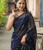 Navy blue ethnic motifs printed saree