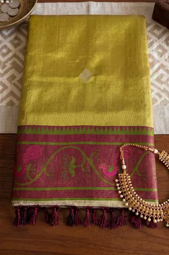 mustard tissue saree for women festive wedding party ethnic wear