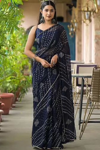 Navy blue ethnic motifs printed saree