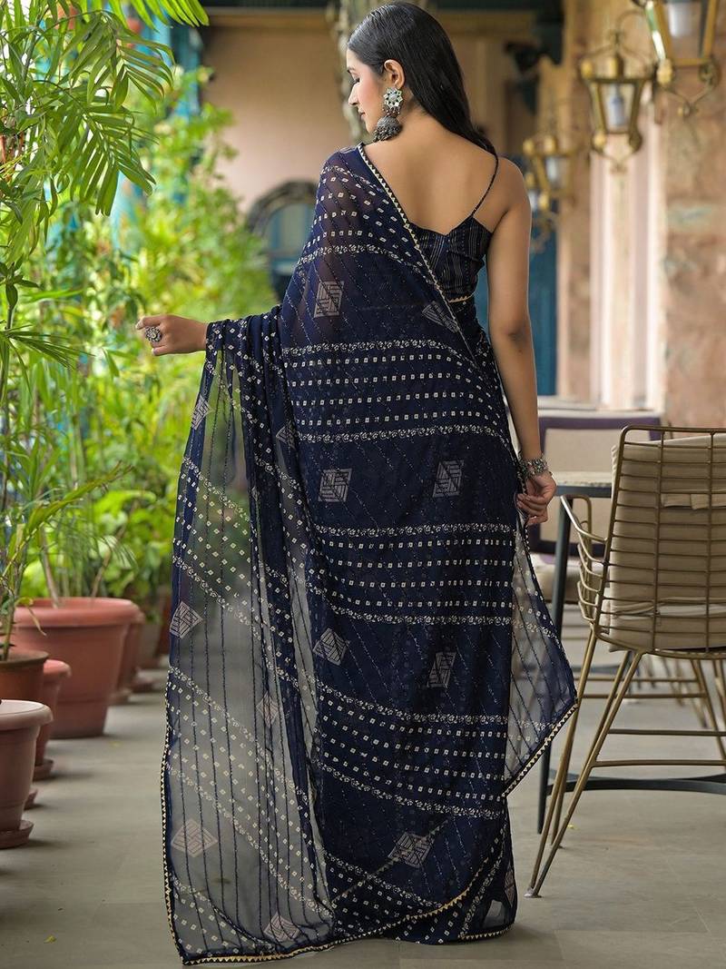 Navy blue ethnic motifs printed saree