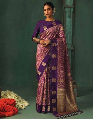women's light purple soft pochampally saree with zari border for wedding & festive party wear 1