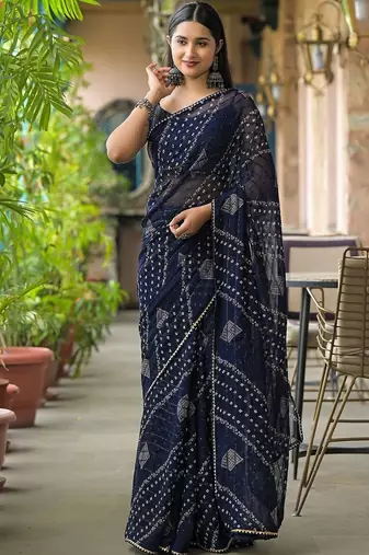 Navy blue ethnic motifs printed saree