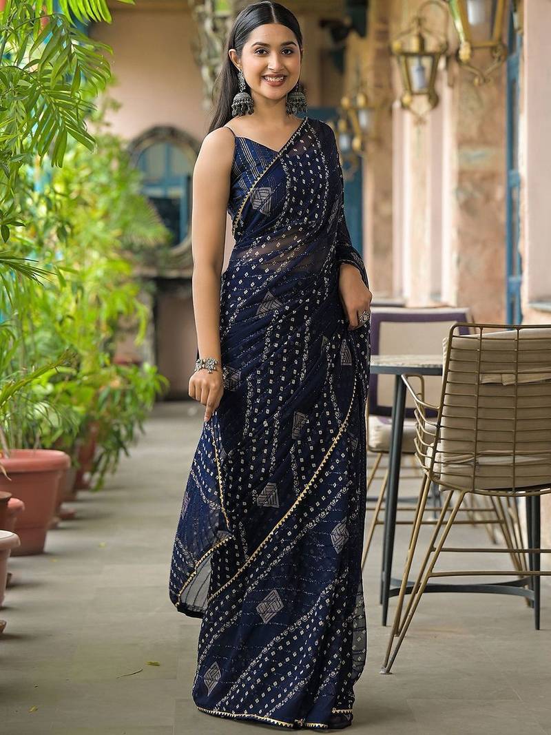 Navy blue ethnic motifs printed saree