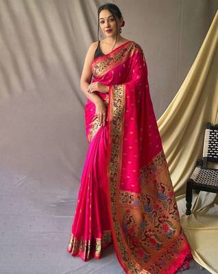 Pink woven design zari paithani saree 1