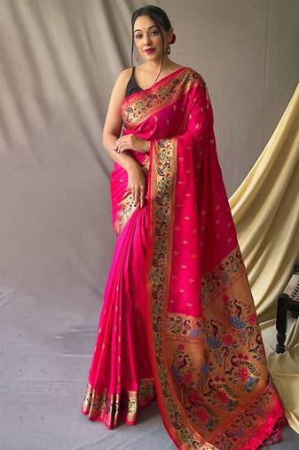 Pink woven design zari paithani saree