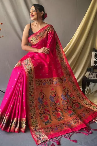 Pink woven design zari paithani saree