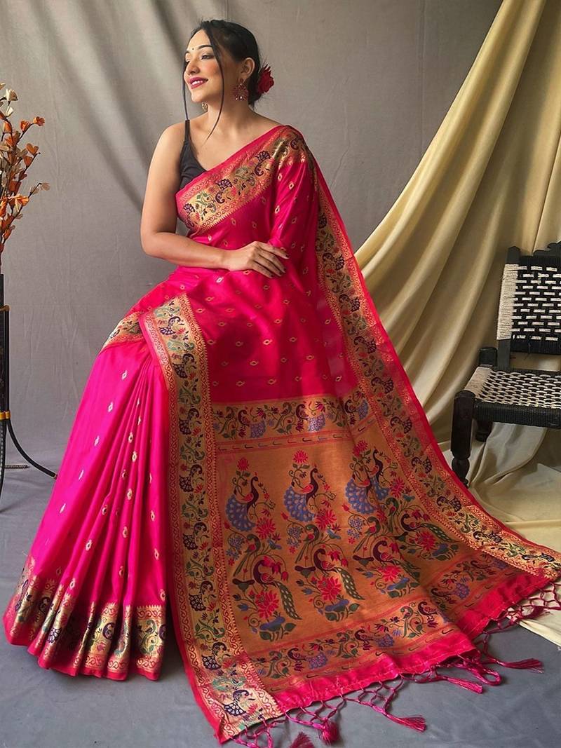 Pink woven design zari paithani saree