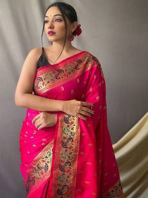 Pink woven design zari paithani saree 3
