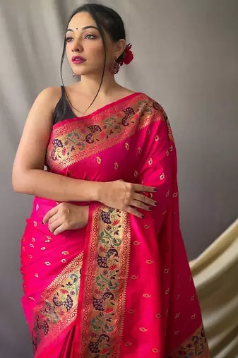 Pink woven design zari paithani saree
