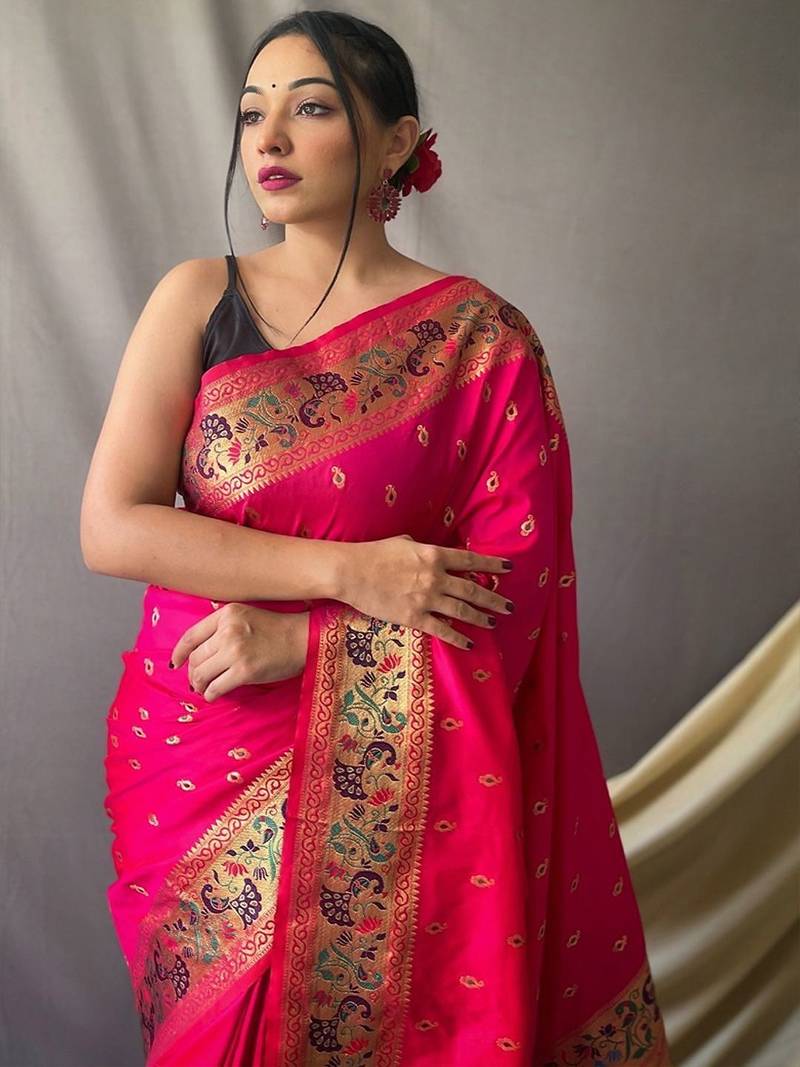 Pink woven design zari paithani saree