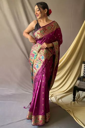 Purple ethnic motifs woven design zari paithani saree