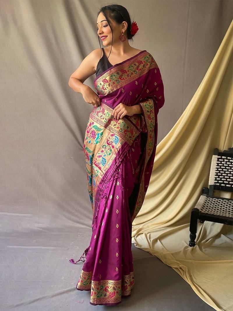 Purple ethnic motifs woven design zari paithani saree