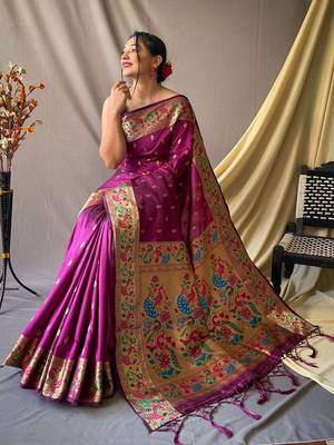 Purple ethnic motifs woven design zari paithani saree 2