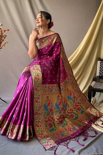 Purple ethnic motifs woven design zari paithani saree