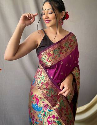 Purple ethnic motifs woven design zari paithani saree 3