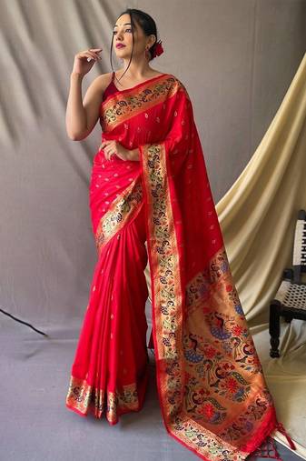 Red woven design zari paithani saree
