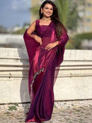 Purple shimmer satin tissue saree with golden tassels 2