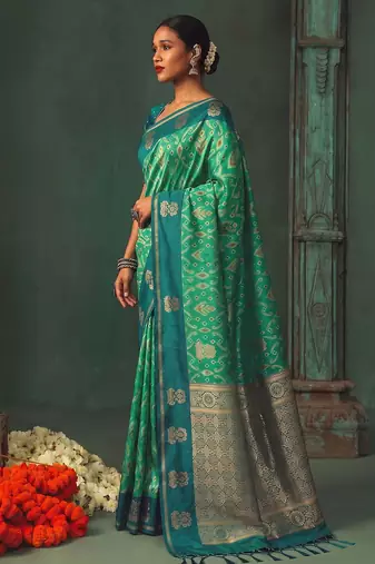 women's sea green soft pochampally saree with zari border for festive & traditional wedding wear