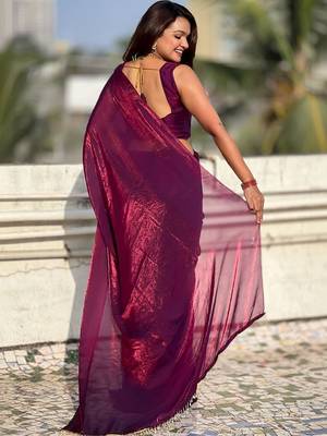 Purple shimmer satin tissue saree with golden tassels 3