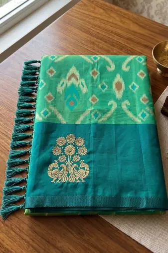 women's sea green soft pochampally saree with zari border for festive & traditional wedding wear