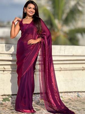Purple shimmer satin tissue saree with golden tassels 4