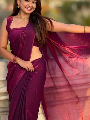 Purple shimmer satin tissue saree with golden tassels 5