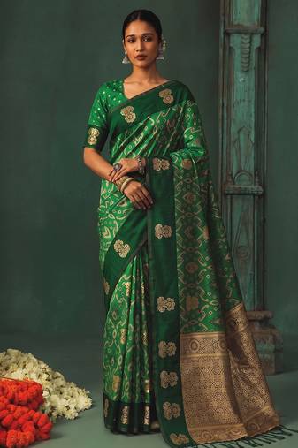women's green soft pochampally saree with rich zari border for wedding, festive & party wear