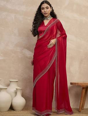 Red embroidered  chiffon saree 1