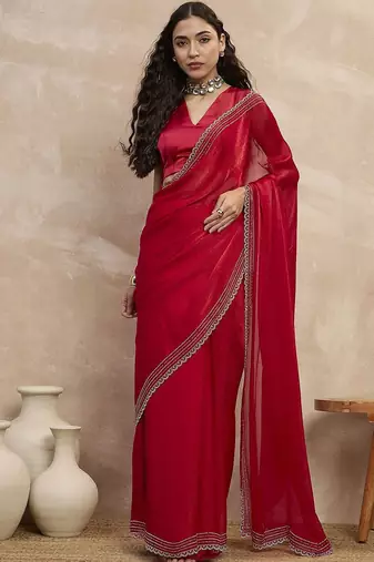 Red embroidered  chiffon saree