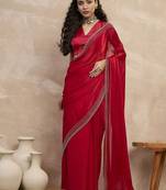 Red embroidered  chiffon saree