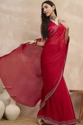 Red embroidered  chiffon saree