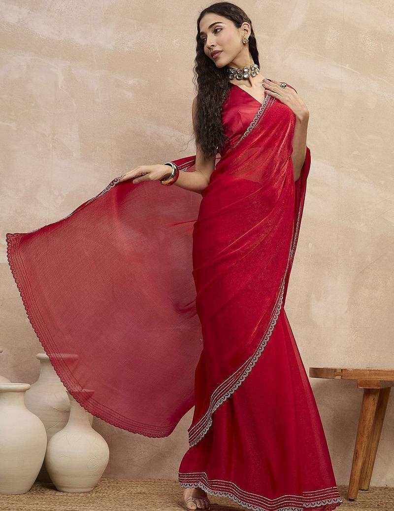 Red embroidered  chiffon saree