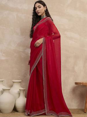 Red embroidered  chiffon saree 3