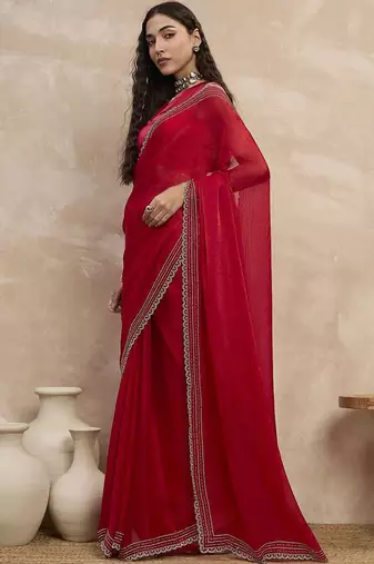 Red embroidered  chiffon saree
