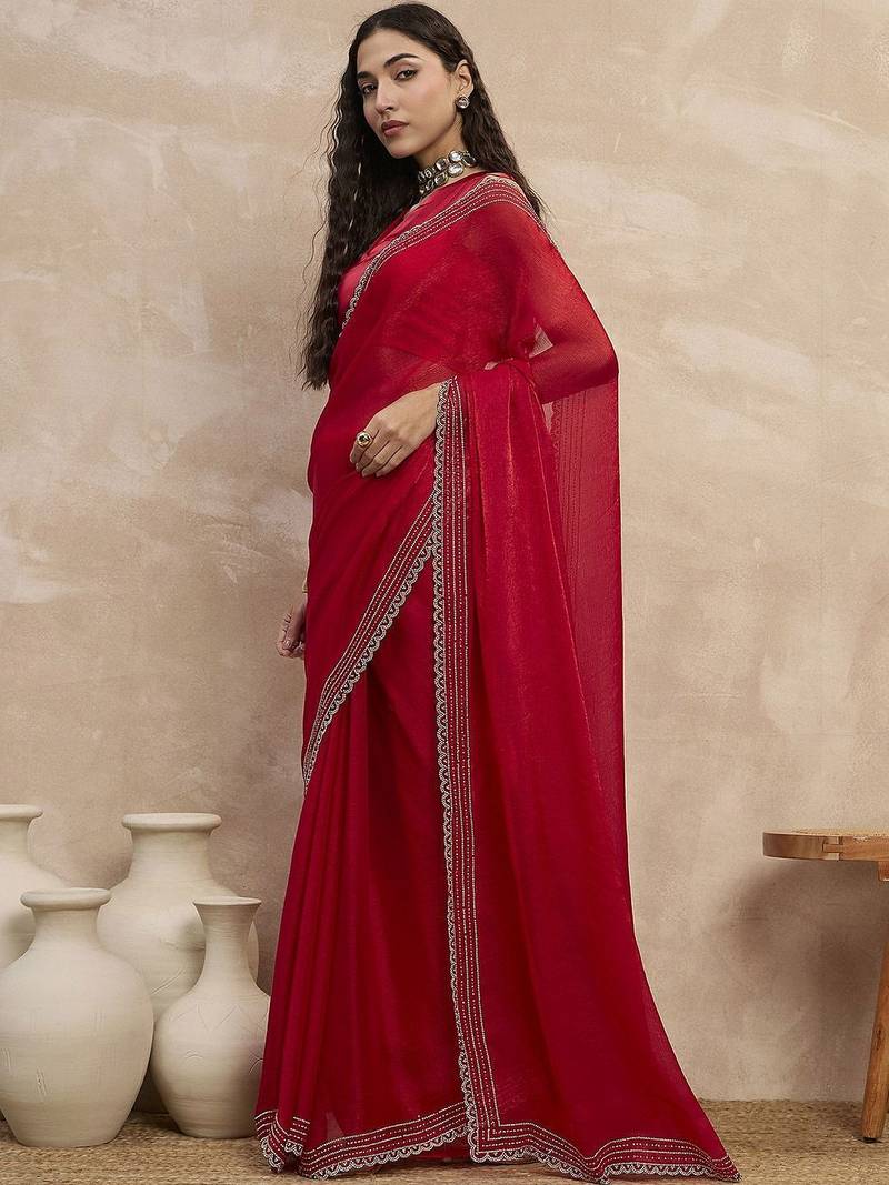 Red embroidered  chiffon saree