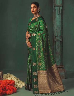 women's green soft pochampally saree with rich zari border for wedding, festive & party wear 2