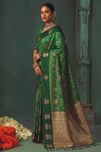 women's green soft pochampally saree with rich zari border for wedding, festive & party wear