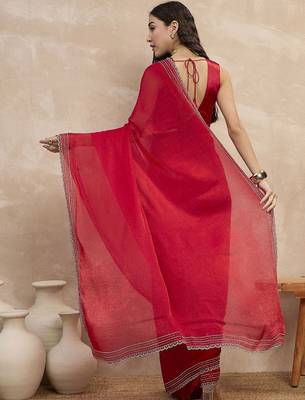 Red embroidered  chiffon saree 4