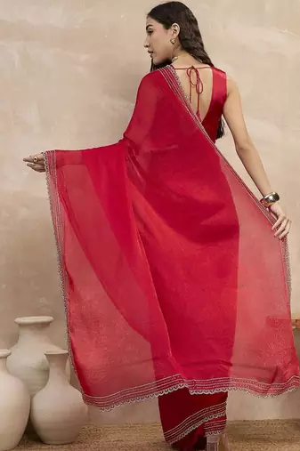 Red embroidered  chiffon saree