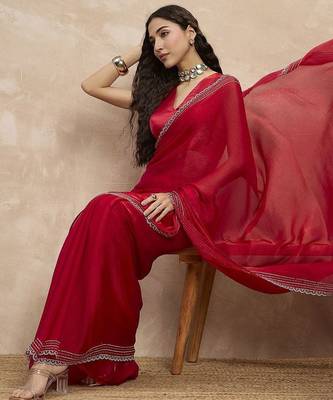 Red embroidered  chiffon saree 5