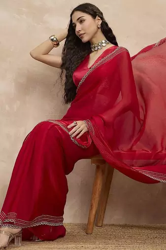 Red embroidered  chiffon saree