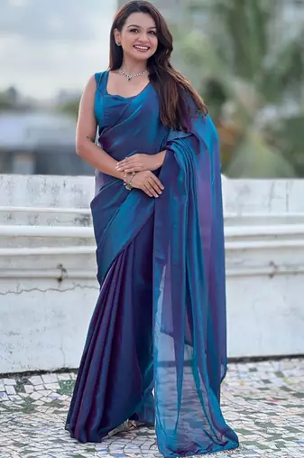 Blue blue shimmer satin tissue saree with golden tassels
