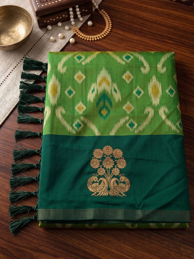 women's green soft pochampally saree with rich zari border for wedding, festive & party wear