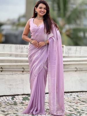 Lavender lavender shimmer satin tissue saree with golden tassels 1