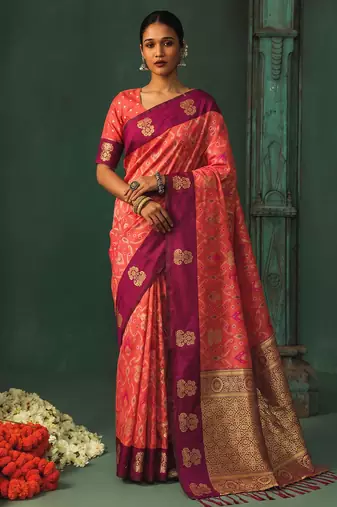 women's peach soft pochampally saree with rani pink border for festive & traditional wedding wear