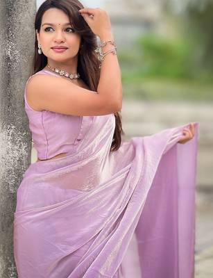 Lavender lavender shimmer satin tissue saree with golden tassels 5